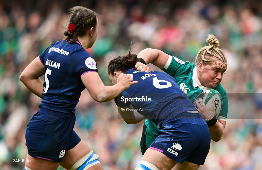 17 May 2026; Cliodhna Moloney MacDonald of Ireland in action against Becky Boyd of Scotland during the Women's 6 Nations Rugby Championship match between Ireland and Scotland at the Aviva Stadium in Dublin. Photo by Shauna Clinton/Sportsfile