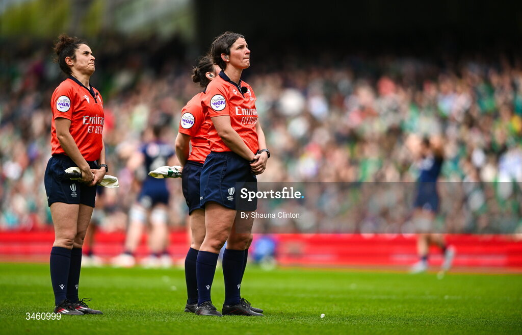 17 May 2026; Referee Aurélie Groizeleau, centre, and her match officials review a try, scored by Cliodhna Moloney MacDonald of Ireland, not pictured, which was subsequently disallowed, during the Women's 6 Nations Rugby Championship match between Ireland and Scotland at the Aviva Stadium in Dublin. Photo by Shauna Clinton/Sportsfile