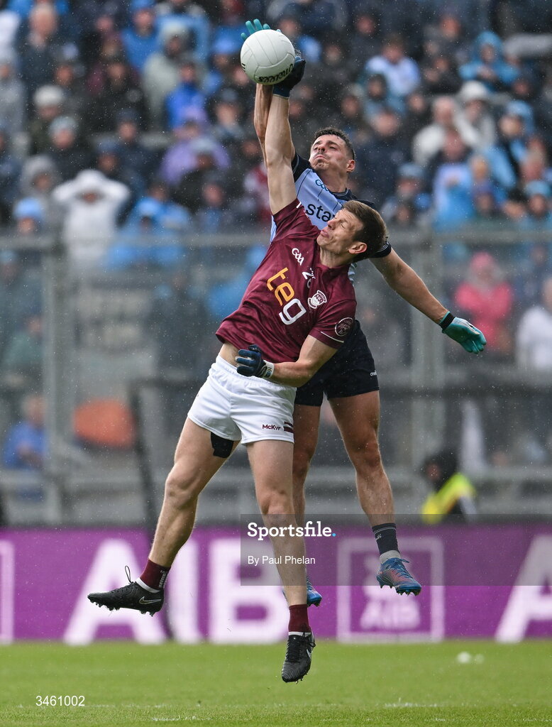 17 May 2026; Brian Howard of Dublin in action against John Heslin of Westmeath during the Leinster GAA Football Senior Championship final match between Dublin and Westmeath at Croke Park in Dublin. Photo by Paul Phelan/Sportsfile