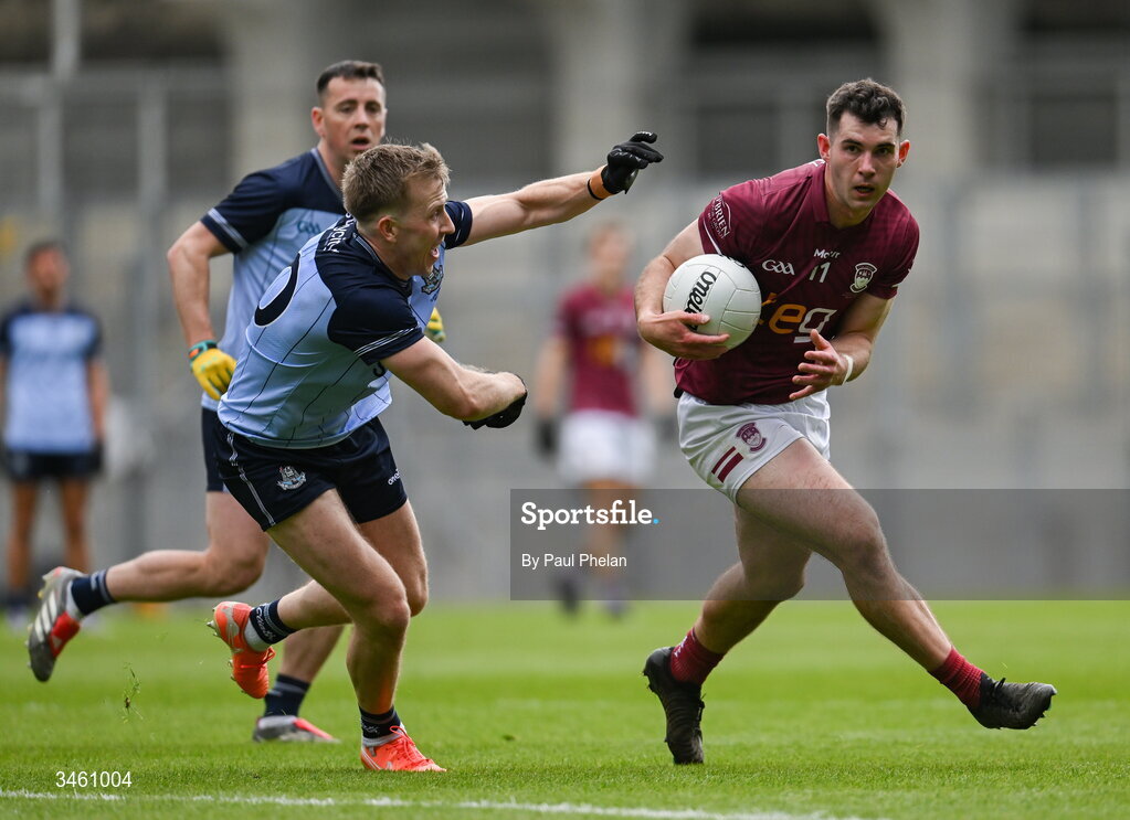 17 May 2026; Sam McCartan of Westmeath in action against Seán Bugler of Dublin during the Leinster GAA Football Senior Championship final match between Dublin and Westmeath at Croke Park in Dublin. Photo by Paul Phelan/Sportsfile