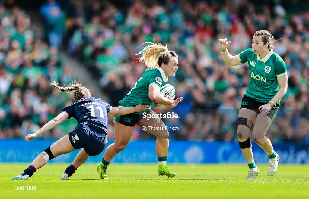 17 May 2026; Aoife Dalton of Ireland in action against Shona Campbell of Scotland during the Women's 6 Nations Rugby Championship match between Ireland and Scotland at the Aviva Stadium in Dublin. Photo by Thomas Flinkow/Sportsfile