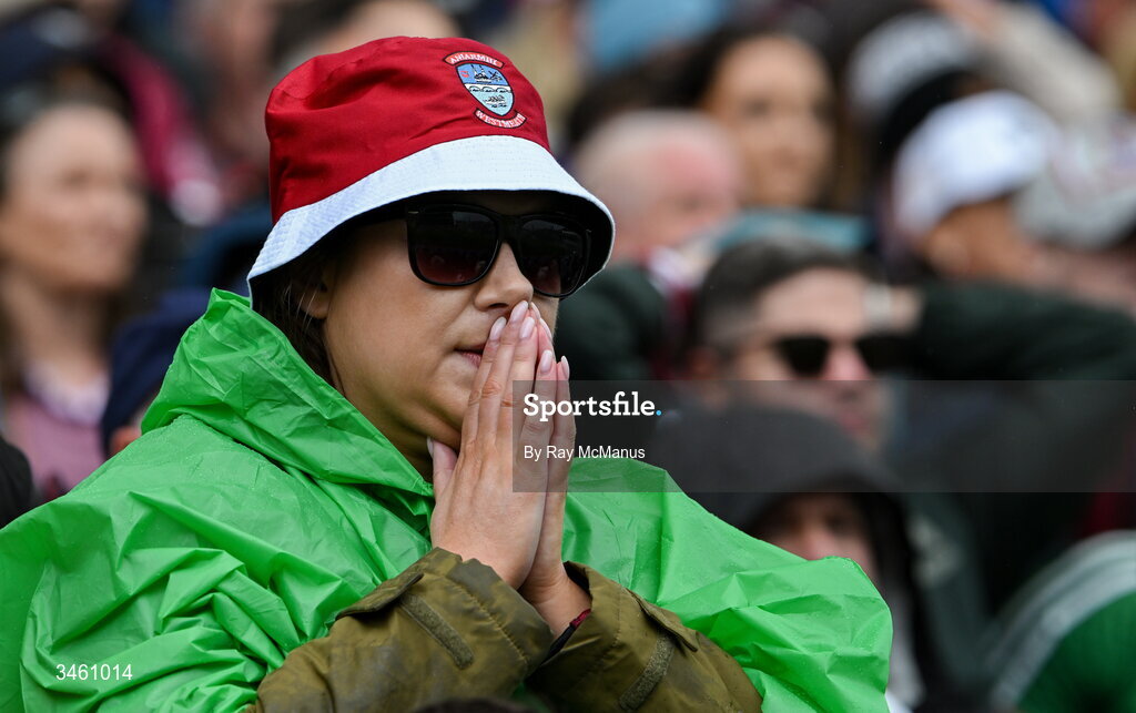 17 May 2026; An anxious Westmeath supporter near the end of normal time in the Leinster GAA Football Senior Championship final match between Dublin and Westmeath at Croke Park in Dublin. Photo by Ray McManus/Sportsfile