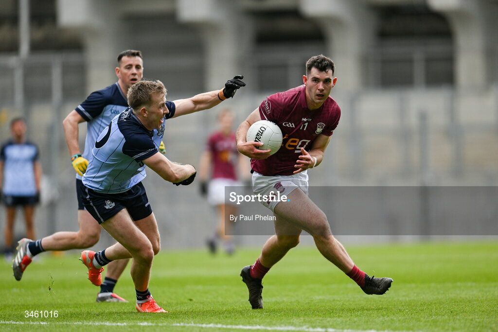 17 May 2026; Sam McCartan of Westmeath in action against Seán Bugler of Dublin during the Leinster GAA Football Senior Championship final match between Dublin and Westmeath at Croke Park in Dublin. Photo by Paul Phelan/Sportsfile