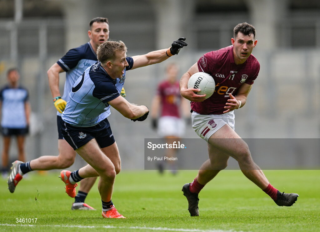 17 May 2026; Sam McCartan of Westmeath in action against Seán Bugler of Dublin during the Leinster GAA Football Senior Championship final match between Dublin and Westmeath at Croke Park in Dublin. Photo by Paul Phelan/Sportsfile