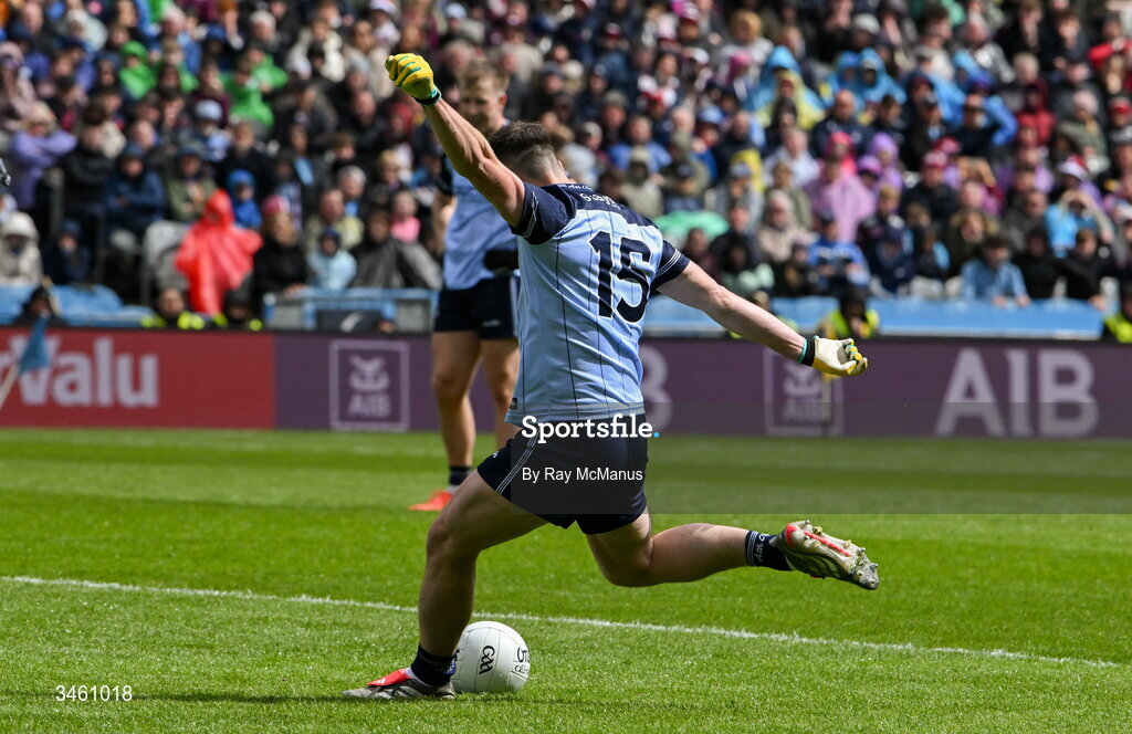 17 May 2026; Cormac Costello of Dublin kicks a late two point free  during the Leinster GAA Football Senior Championship final match between Dublin and Westmeath at Croke Park in Dublin. Photo by Ray McManus/Sportsfile