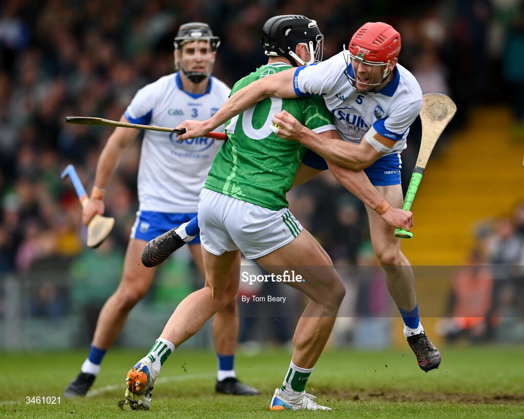 17 May 2026; Tadgh de Burca of Waterford is tackled by Gearóid Hegarty of Limerick during the Munster GAA Senior Hurling Championship Round 4 match between Limerick and Waterford at TUS Gaelic Grounds in Limerick. Photo by Tom Beary/Sportsfile