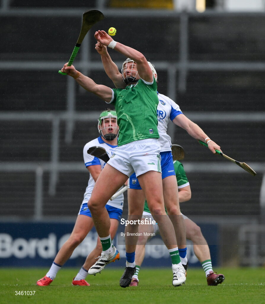 17 May 2026; Gearóid Hegarty of Limerick in action against Jack Fagan of Waterford during the Munster GAA Senior Hurling Championship Round 4 match between Limerick and Waterford at TUS Gaelic Grounds in Limerick. Photo by Brendan Moran/Sportsfile
