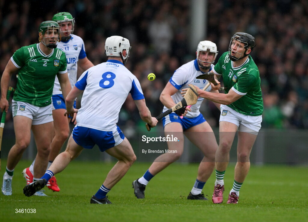 17 May 2026; Peter Casey of Limerick in action against Sean Mackey of Waterford during the Munster GAA Senior Hurling Championship Round 4 match between Limerick and Waterford at TUS Gaelic Grounds in Limerick. Photo by Brendan Moran/Sportsfile