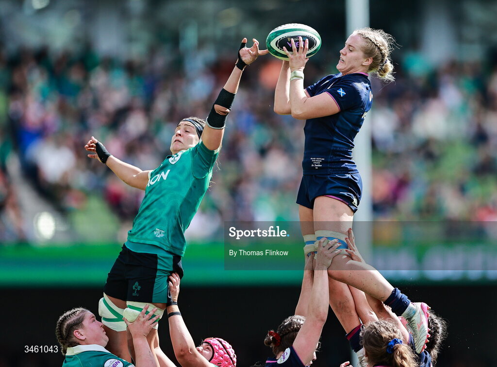 17 May 2026; Erin King of Ireland and Eva Donaldson of Scotland compete for a line-out during the Women's 6 Nations Rugby Championship match between Ireland and Scotland at the Aviva Stadium in Dublin. Photo by Thomas Flinkow/Sportsfile