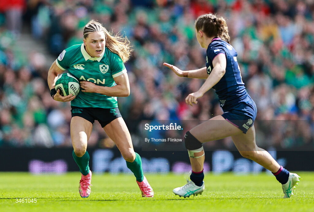 17 May 2026; Béibhinn Parsons of Ireland in action against Shona Campbell of Scotland during the Women's 6 Nations Rugby Championship match between Ireland and Scotland at the Aviva Stadium in Dublin. Photo by Thomas Flinkow/Sportsfile
