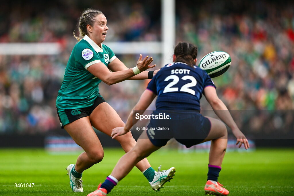 17 May 2026; Stacey Flood of Ireland in action against Lucia Scott of Scotland during the Women's 6 Nations Rugby Championship match between Ireland and Scotland at the Aviva Stadium in Dublin. Photo by Shauna Clinton/Sportsfile