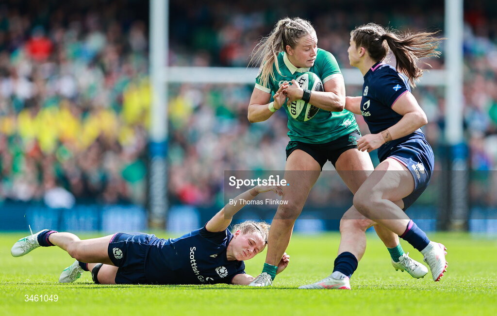 17 May 2026; Stacey Flood of Ireland in action against Shona Campbell, left, and Helen Nelson of Scotland during the Women's 6 Nations Rugby Championship match between Ireland and Scotland at the Aviva Stadium in Dublin. Photo by Thomas Flinkow/Sportsfile