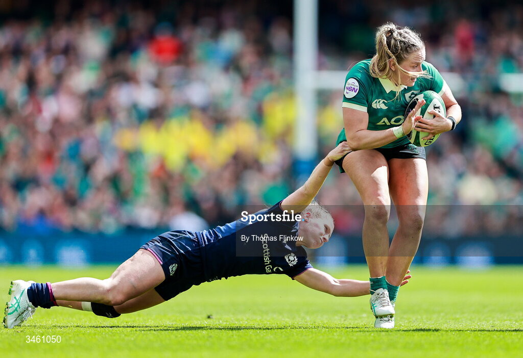 17 May 2026; Stacey Flood of Ireland in action against Shona Campbell of Scotland during the Women's 6 Nations Rugby Championship match between Ireland and Scotland at the Aviva Stadium in Dublin. Photo by Thomas Flinkow/Sportsfile