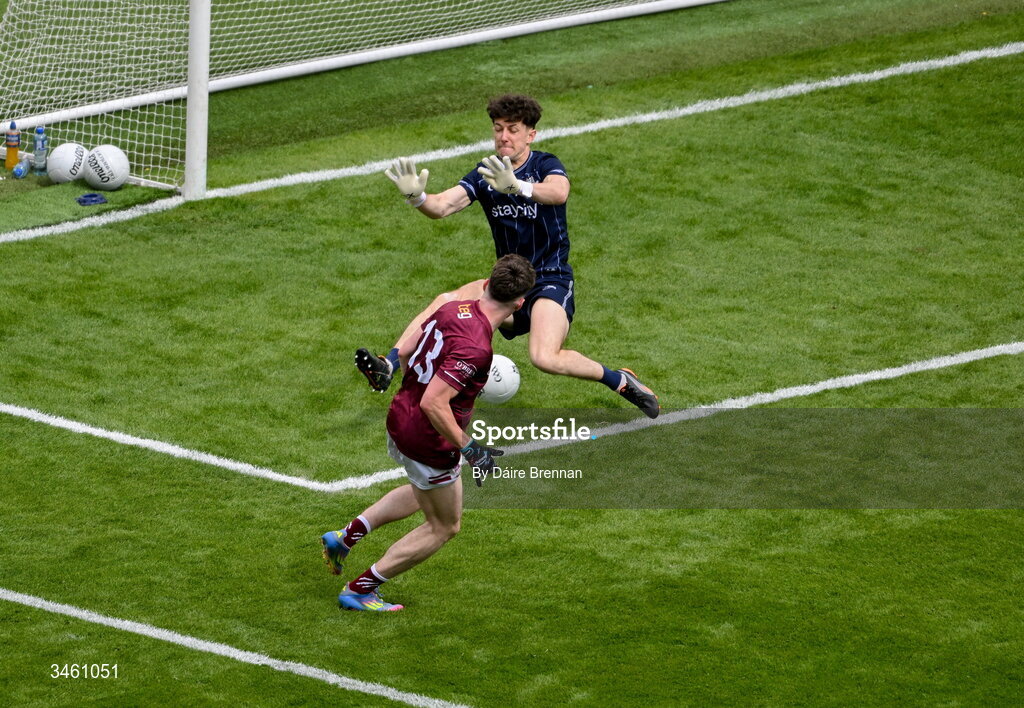 17 May 2026; Evan Comerford of Dublin saves a shot by Shane Corcoran of Westmeath during the Leinster GAA Football Senior Championship final match between Dublin and Westmeath at Croke Park in Dublin. Photo by Daire Brennan/Sportsfile