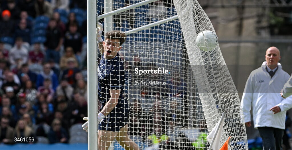 17 May 2026; Dublin goalkeeper Evan Comerford can only look on as the ball hits the net, in the first period of extra-time,  during the Leinster GAA Football Senior Championship final match between Dublin and Westmeath at Croke Park in Dublin. Photo by Ray McManus/Sportsfile