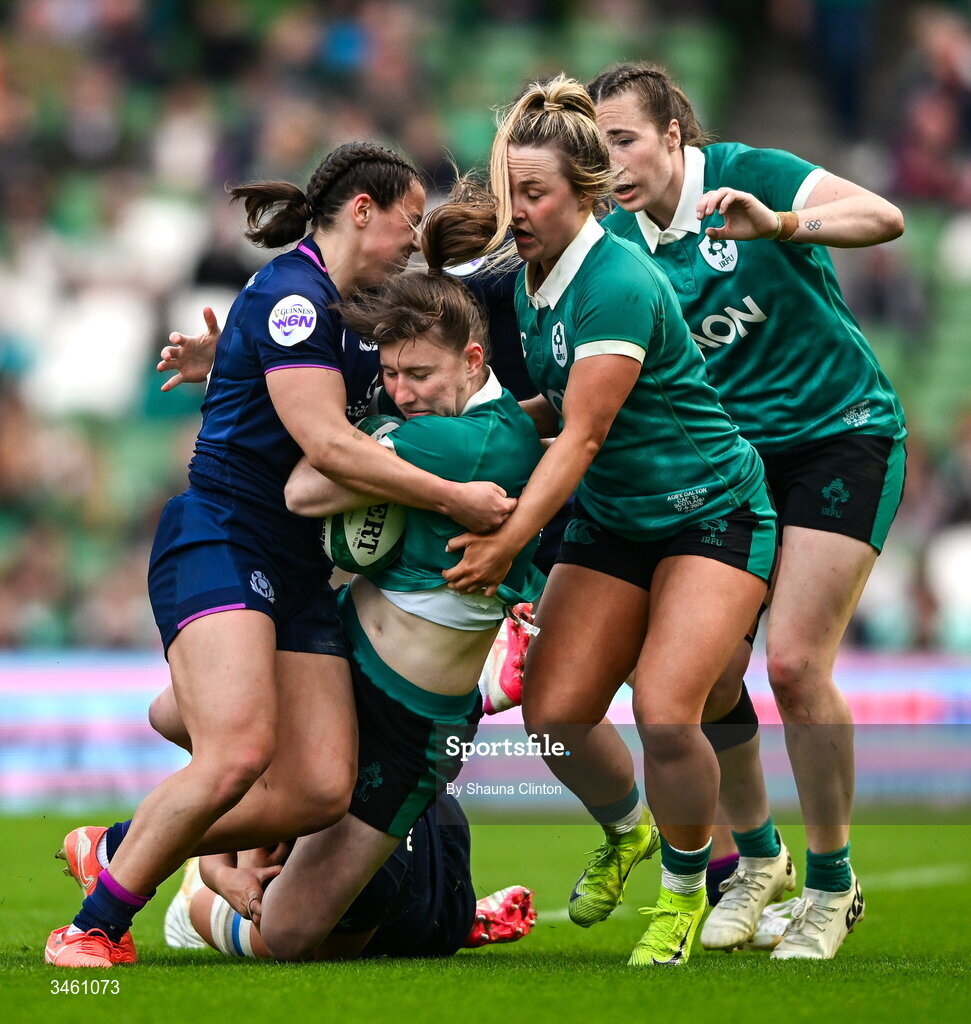 17 May 2026; Niamh Gallagher of Ireland is tackled by Meryl Smith of Scotland during the Women's 6 Nations Rugby Championship match between Ireland and Scotland at the Aviva Stadium in Dublin. Photo by Shauna Clinton/Sportsfile