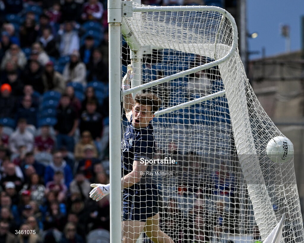 17 May 2026; Dublin goalkeeper Evan Comerford can only look on as the ball hits the net, in the first period of extra-time, during the Leinster GAA Football Senior Championship final match between Dublin and Westmeath at Croke Park in Dublin. Photo by Ray McManus/Sportsfile