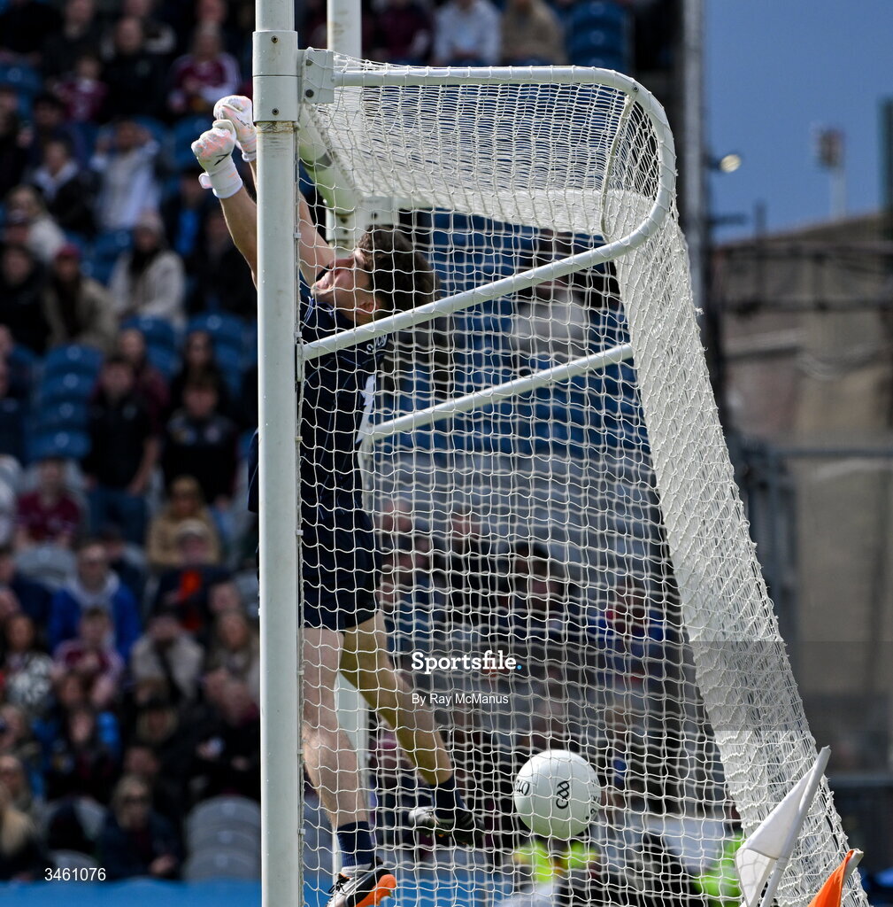 17 May 2026; Dublin goalkeeper Evan Comerford can only look on as the ball hits the net, in the first period of extra-time, during the Leinster GAA Football Senior Championship final match between Dublin and Westmeath at Croke Park in Dublin. Photo by Ray McManus/Sportsfile