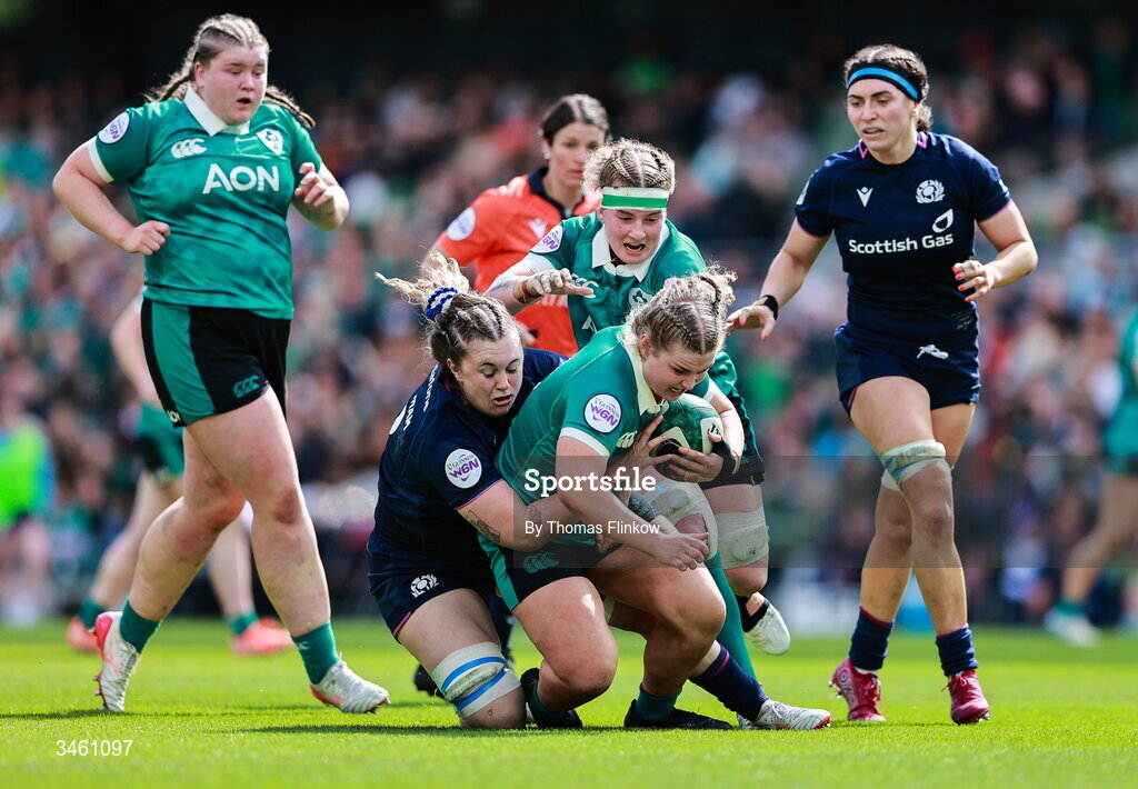17 May 2026; Sadhbh McGrath of Ireland is tackled by Hollie Cunningham of Scotland during the Women's 6 Nations Rugby Championship match between Ireland and Scotland at the Aviva Stadium in Dublin. Photo by Thomas Flinkow/Sportsfile