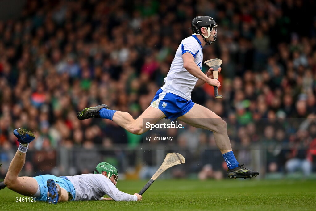 17 May 2026; Kevin Mahony of Waterford after scoring his side's first goal past Limerick goalkeeper Nickie Quaid during the Munster GAA Senior Hurling Championship Round 4 match between Limerick and Waterford at TUS Gaelic Grounds in Limerick. Photo by Tom Beary/Sportsfile