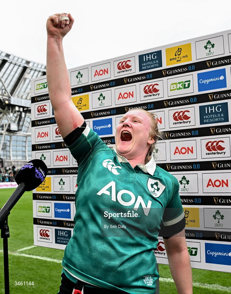 17 May 2026; Ireland's Aoife Wafer celebrates after the Women's 6 Nations Rugby Championship match between Ireland and Scotland at the Aviva Stadium in Dublin. Photo by Seb Daly/Sportsfile