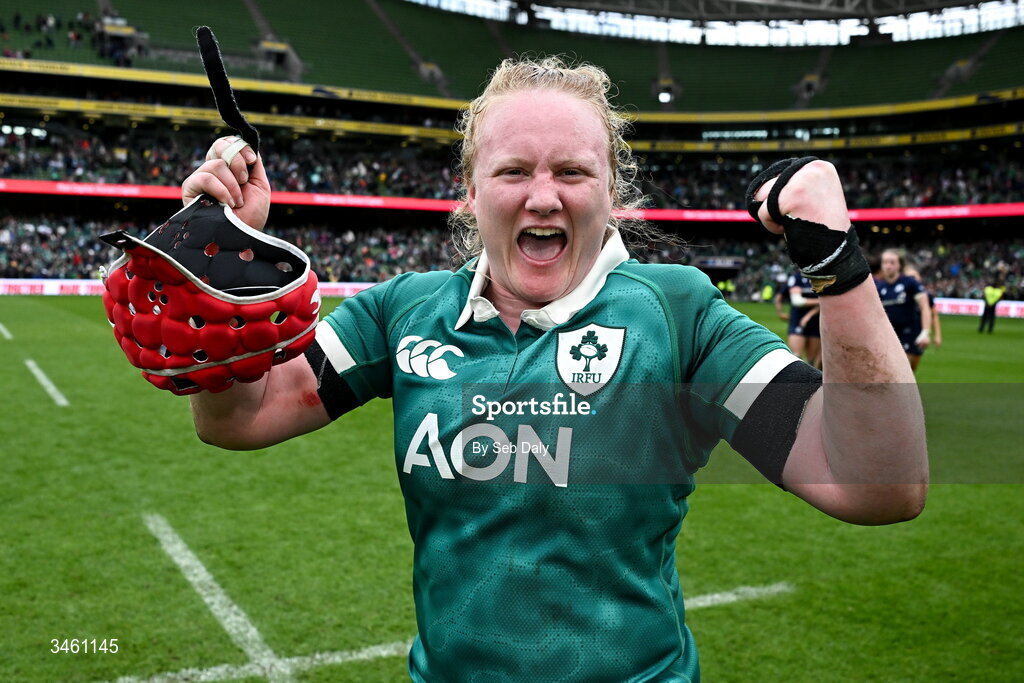 17 May 2026; Ireland's Aoife Wafer celebrates after the Women's 6 Nations Rugby Championship match between Ireland and Scotland at the Aviva Stadium in Dublin. Photo by Seb Daly/Sportsfile