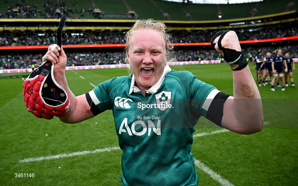 17 May 2026; Ireland's Aoife Wafer celebrates after the Women's 6 Nations Rugby Championship match between Ireland and Scotland at the Aviva Stadium in Dublin. Photo by Seb Daly/Sportsfile