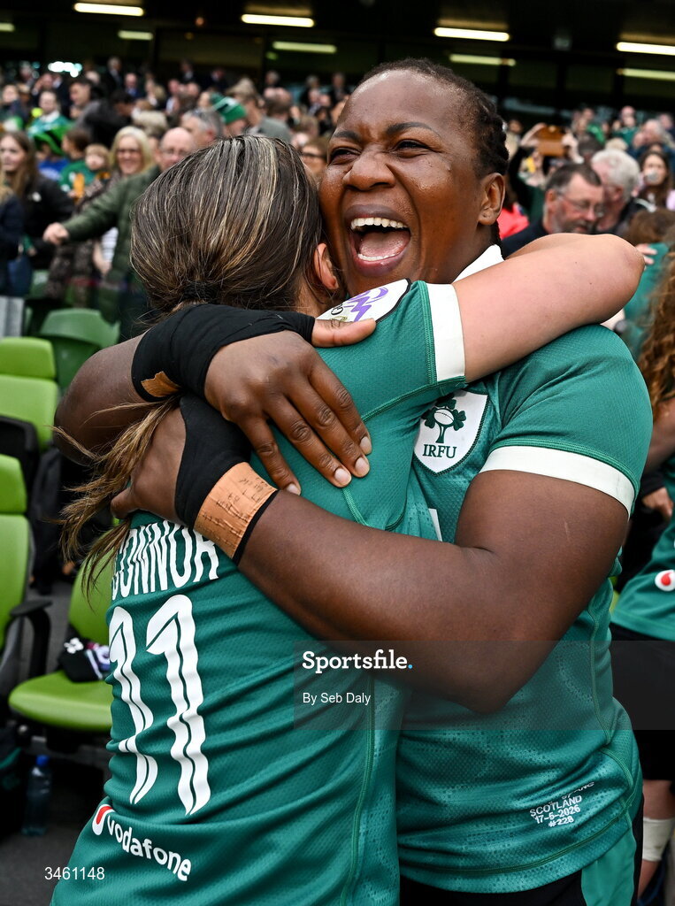 17 May 2026; Ireland's Robyn O'Connor, left, and Linda Djougang celebrate after the Women's 6 Nations Rugby Championship match between Ireland and Scotland at the Aviva Stadium in Dublin. Photo by Seb Daly/Sportsfile