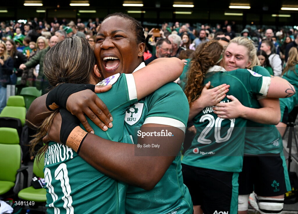 17 May 2026; Ireland's Robyn O'Connor, left, and Linda Djougang celebrate after the Women's 6 Nations Rugby Championship match between Ireland and Scotland at the Aviva Stadium in Dublin. Photo by Seb Daly/Sportsfile