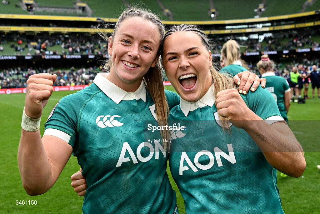 17 May 2026; Ireland's Stacey Flood, left, and Béibhinn Parsons after the Women's 6 Nations Rugby Championship match between Ireland and Scotland at the Aviva Stadium in Dublin. Photo by Seb Daly/Sportsfile