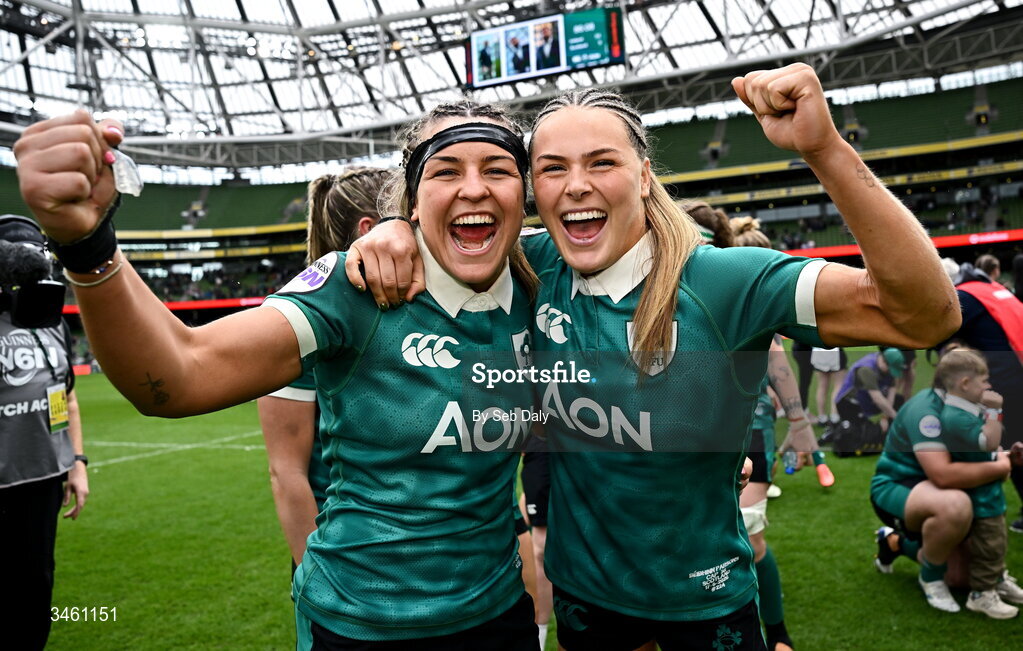 17 May 2026; Ireland captain Erin King, left, and teammates Béibhinn Parsons after the Women's 6 Nations Rugby Championship match between Ireland and Scotland at the Aviva Stadium in Dublin. Photo by Seb Daly/Sportsfile