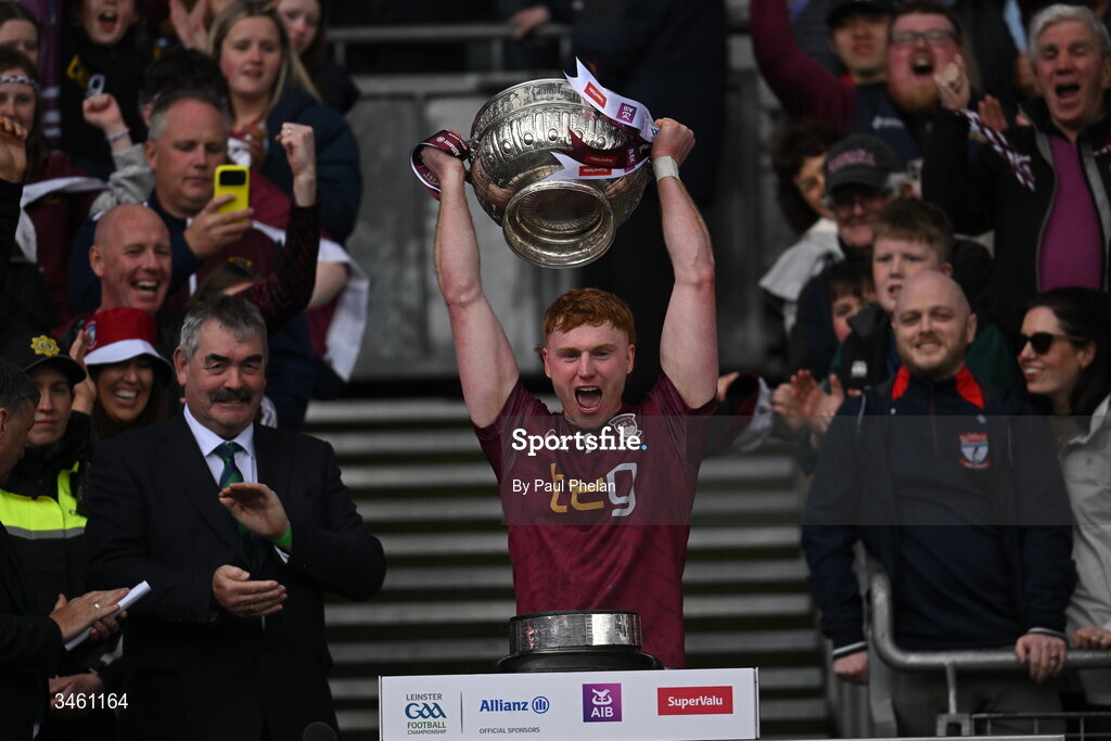 17 May 2026; Westmeath captain Ronan Wallace lifts the cup after winning the Leinster GAA Football Senior Championship final match between Dublin and Westmeath at Croke Park in Dublin. Photo by Paul Phelan/Sportsfile