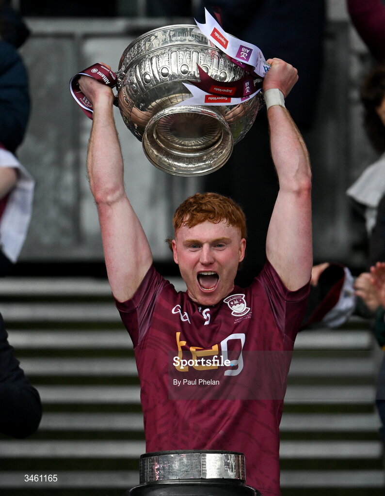 17 May 2026; Westmeath captain Ronan Wallace lifts the cup after winning the Leinster GAA Football Senior Championship final match between Dublin and Westmeath at Croke Park in Dublin. Photo by Paul Phelan/Sportsfile