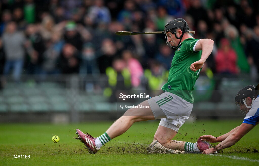 17 May 2026; Peter Casey of Limerick scores his side's first goal during the Munster GAA Senior Hurling Championship Round 4 match between Limerick and Waterford at TUS Gaelic Grounds in Limerick. Photo by Brendan Moran/Sportsfile