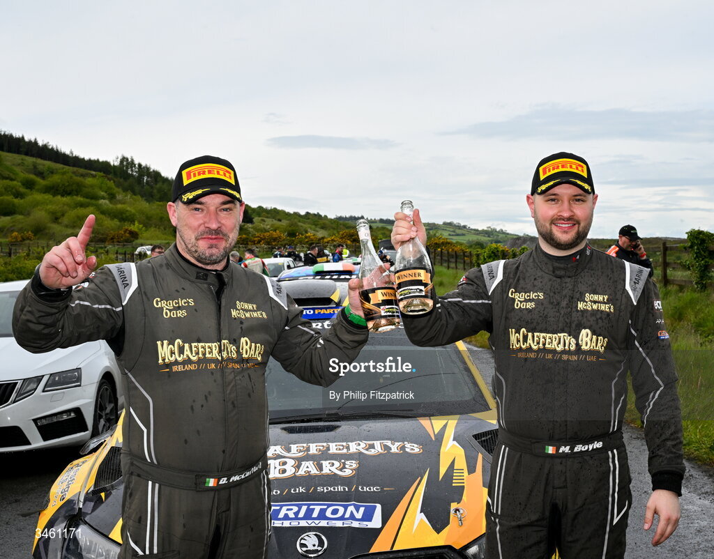 17 May 2026; Michael Boyle and Dermot McCafferty celebrate after winning the Carlow stages Rally in their Skoda Fabia RS Rally2, Round 4 of the Triton Showers National Rally Championship, in Carlow. Photo by Philip Fitzpatrick/Sportsfile