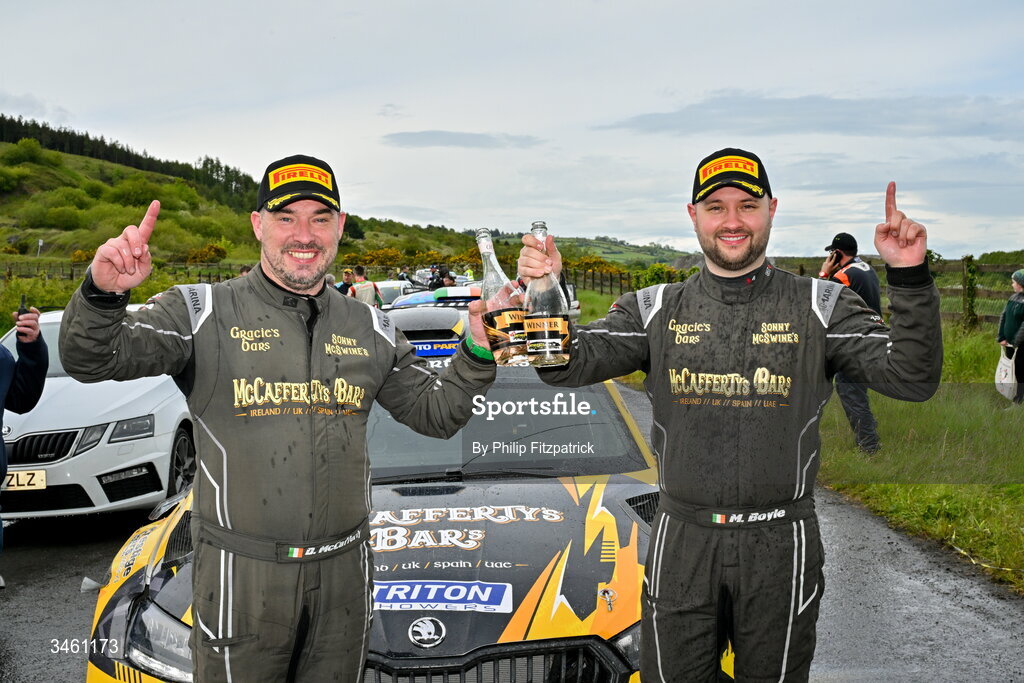 17 May 2026; Michael Boyle and Dermot McCafferty celebrate after winning the Carlow stages Rally in their Skoda Fabia RS Rally2, Round 4 of the Triton Showers National Rally Championship, in Carlow. Photo by Philip Fitzpatrick/Sportsfile