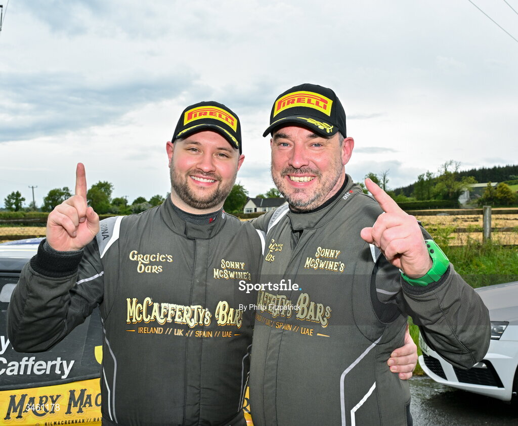 17 May 2026; Michael Boyle and Dermot McCafferty celebrate after winning the Carlow stages Rally in their Skoda Fabia RS Rally2, Round 4 of the Triton Showers National Rally Championship, in Carlow. Photo by Philip Fitzpatrick/Sportsfile