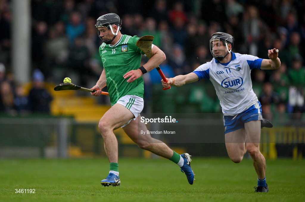 17 May 2026; Aidan O’Connor of Limerick races clear of Jamie Barron of Waterford during the Munster GAA Senior Hurling Championship Round 4 match between Limerick and Waterford at TUS Gaelic Grounds in Limerick. Photo by Brendan Moran/Sportsfile