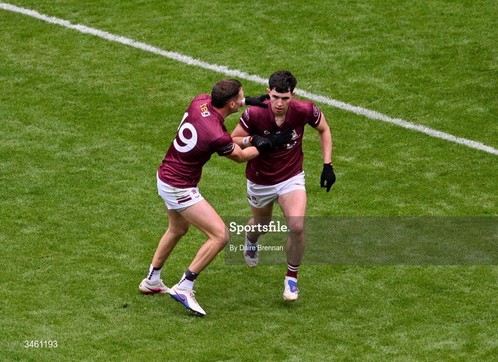 17 May 2026; Jack Duncan of Westmeath, right, celebrates with team-mate Robbie Forde after scoring his side's second goal during the Leinster GAA Football Senior Championship final match between Dublin and Westmeath at Croke Park in Dublin. Photo by Daire Brennan/Sportsfile