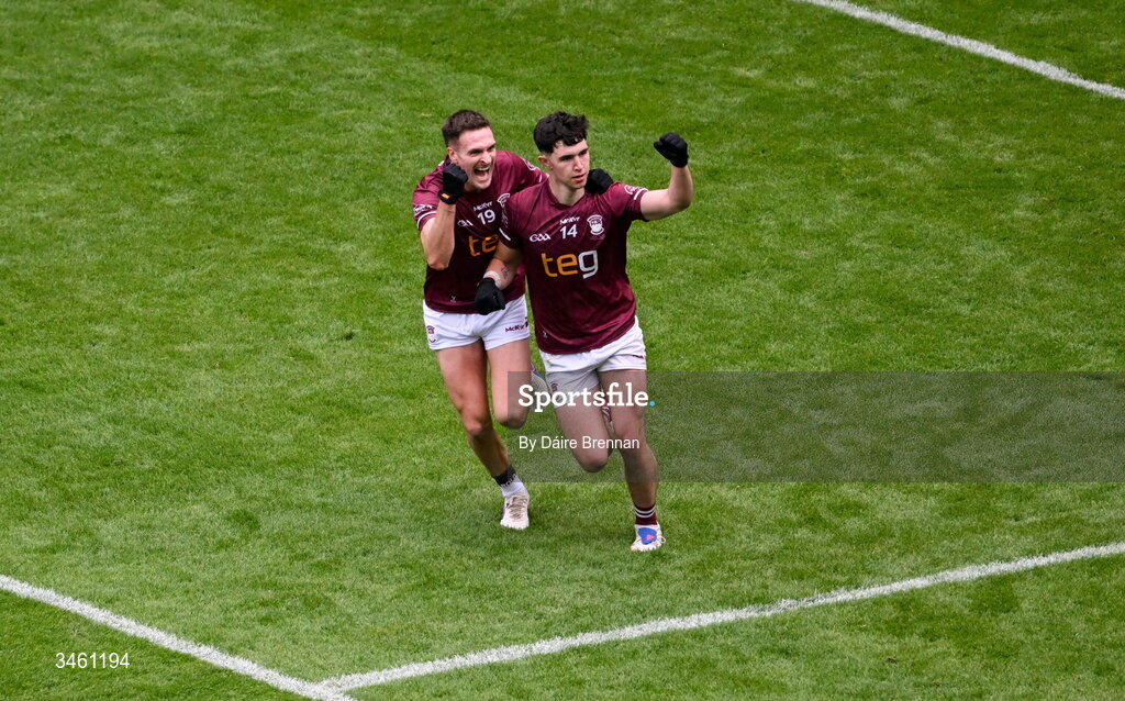 17 May 2026; Jack Duncan of Westmeath, right, celebrates with team-mate Robbie Forde after scoring his side's second goal during the Leinster GAA Football Senior Championship final match between Dublin and Westmeath at Croke Park in Dublin. Photo by Daire Brennan/Sportsfile