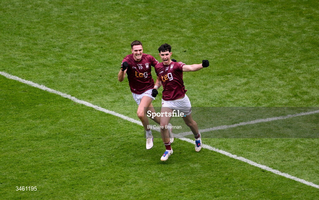 17 May 2026; Jack Duncan of Westmeath, right, celebrates with team-mate Robbie Forde after scoring his side's second goal during the Leinster GAA Football Senior Championship final match between Dublin and Westmeath at Croke Park in Dublin. Photo by Daire Brennan/Sportsfile