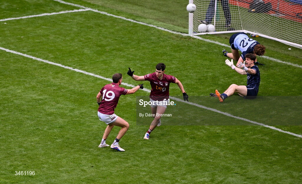 17 May 2026; Jack Duncan of Westmeath, right, celebrates with team-mate Robbie Forde after scoring his side's second goal during the Leinster GAA Football Senior Championship final match between Dublin and Westmeath at Croke Park in Dublin. Photo by Daire Brennan/Sportsfile