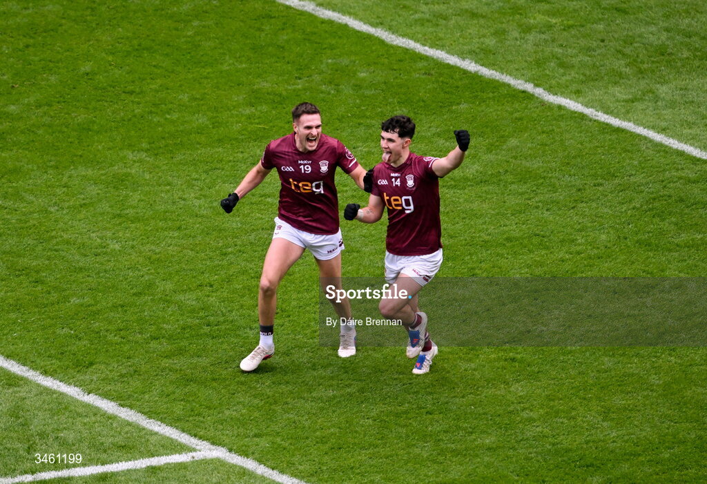 17 May 2026; Jack Duncan of Westmeath, right, celebrates with team-mate Robbie Forde after scoring his side's second goal during the Leinster GAA Football Senior Championship final match between Dublin and Westmeath at Croke Park in Dublin. Photo by Daire Brennan/Sportsfile