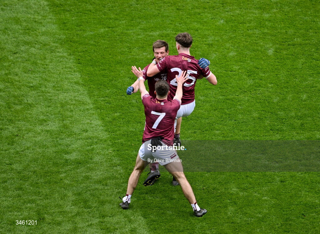 17 May 2026; Westmeath players, left to right, Matthew Whittaker, John Heslin, and Senan Baker, celebrate after the Leinster GAA Football Senior Championship final match between Dublin and Westmeath at Croke Park in Dublin. Photo by Daire Brennan/Sportsfile