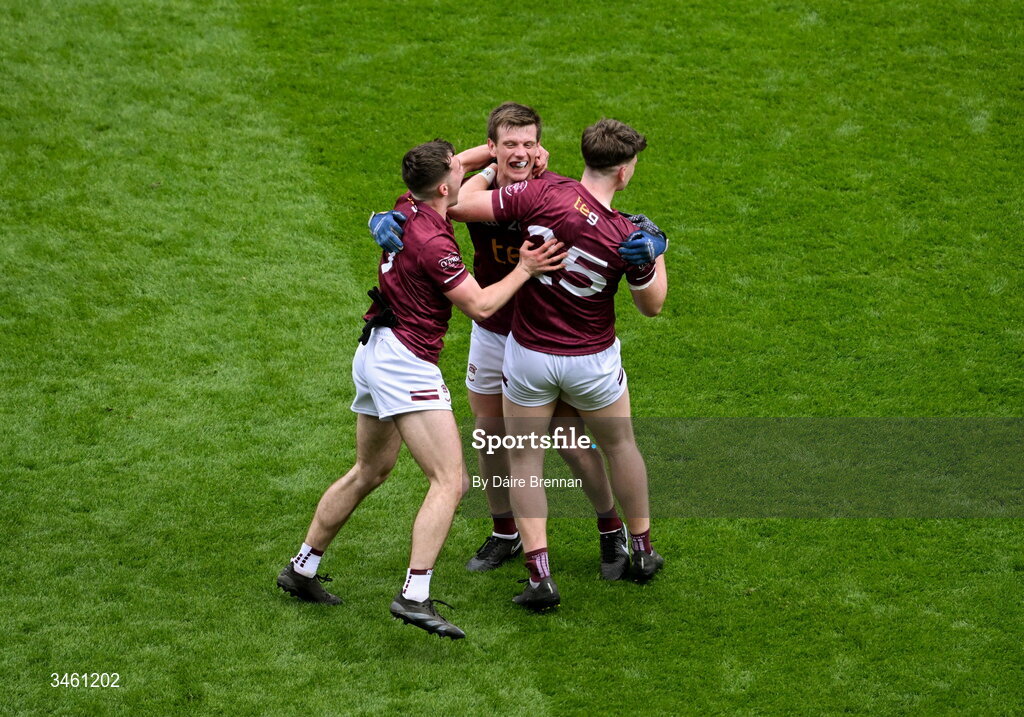 17 May 2026; Westmeath players, left to right, Matthew Whittaker, John Heslin, and Senan Baker, celebrate after the Leinster GAA Football Senior Championship final match between Dublin and Westmeath at Croke Park in Dublin. Photo by Daire Brennan/Sportsfile