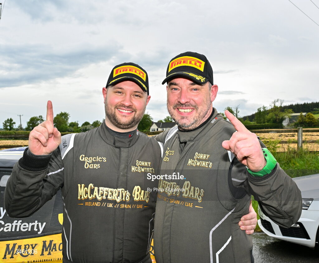 17 May 2026; Michael Boyle and Dermot McCafferty celebrate after winning the Carlow stages Rally in their Skoda Fabia RS Rally2, Round 4 of the Triton Showers National Rally Championship, in Carlow. Photo by Philip Fitzpatrick/Sportsfile