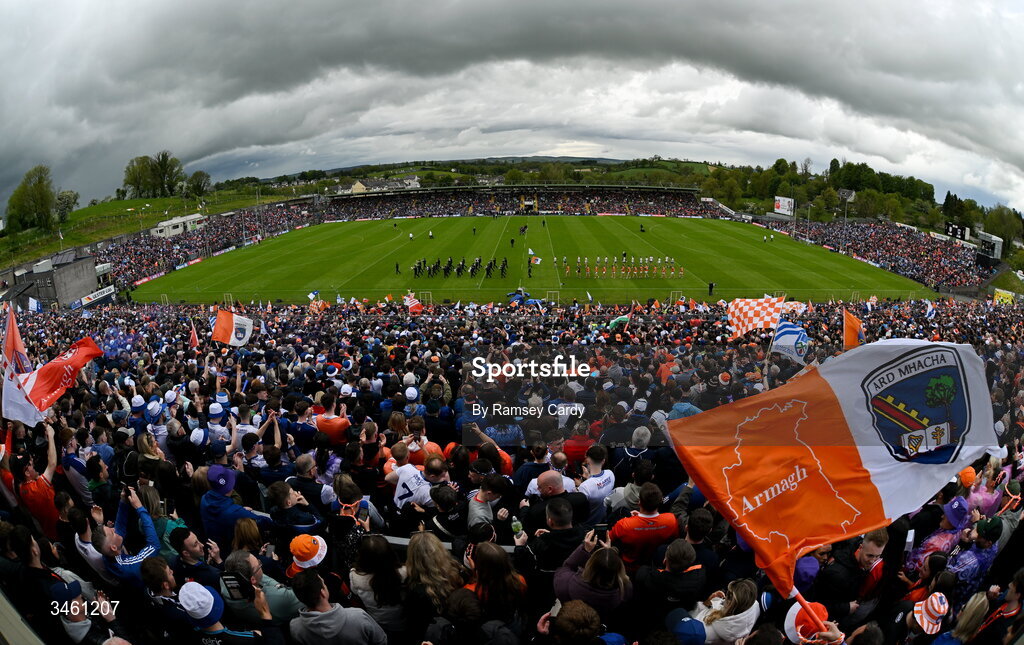 17 May 2026; The Armagh and Monaghan teams parade before the Ulster GAA Football Senior Championship final match between Armagh and Monaghan at St Tiernach's Park in Clones, Monaghan. Photo by Ramsey Cardy/Sportsfile