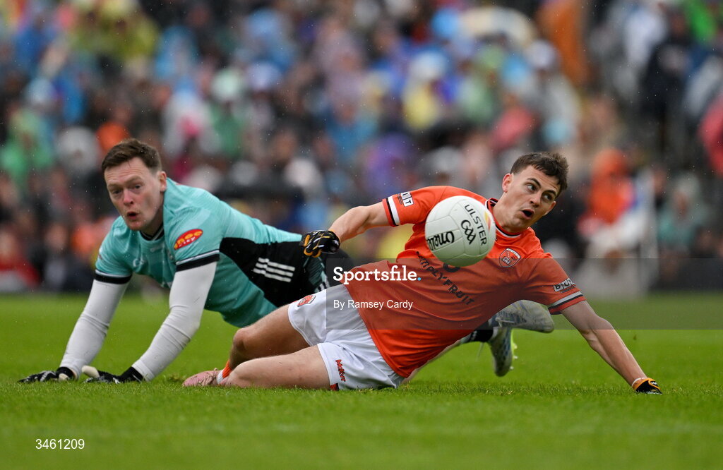 17 May 2026; Darragh McMullan of Armagh and Monaghan goalkeeper Rory Beggan during the Ulster GAA Football Senior Championship final match between Armagh and Monaghan at St Tiernach's Park in Clones, Monaghan. Photo by Ramsey Cardy/Sportsfile
