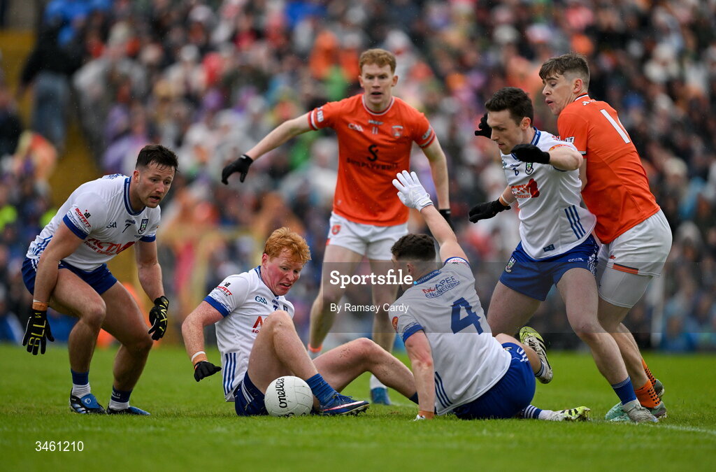 17 May 2026; Ryan O'Toole of Monaghan makes a block during the Ulster GAA Football Senior Championship final match between Armagh and Monaghan at St Tiernach's Park in Clones, Monaghan. Photo by Ramsey Cardy/Sportsfile