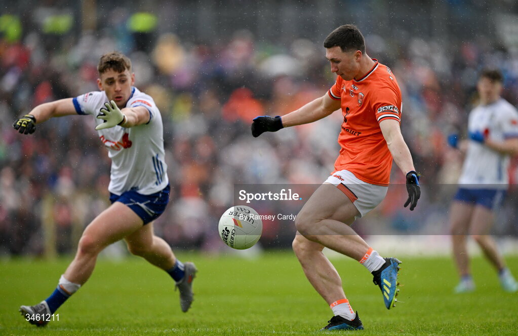17 May 2026; Oisin Conaty of Armagh in action against Míchéal Bannigan of Monaghan during the Ulster GAA Football Senior Championship final match between Armagh and Monaghan at St Tiernach's Park in Clones, Monaghan. Photo by Ramsey Cardy/Sportsfile